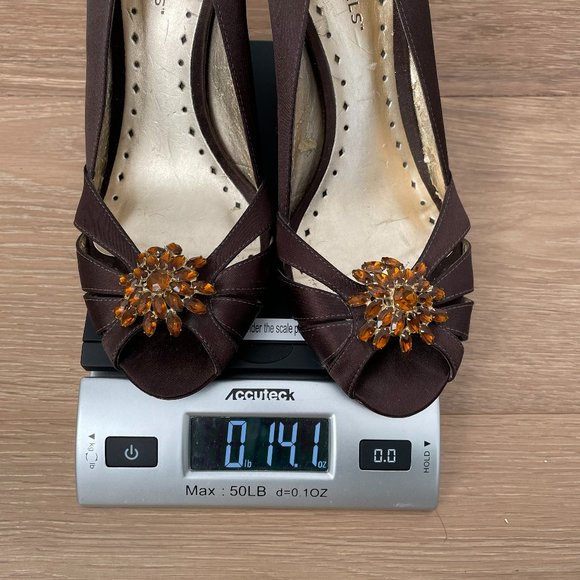 BCBG Womens 7 Heels Brown Satin Peep Toe Formal Dressy Crystal Amber Gold - Picture 14 of 14